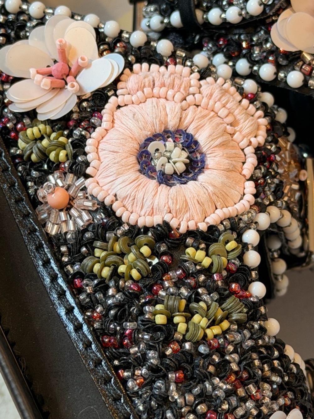 NEW House of Harlow 1960 Pink & Black Beaded Double-Buckle Slide Sandals - Picture 8 of 10